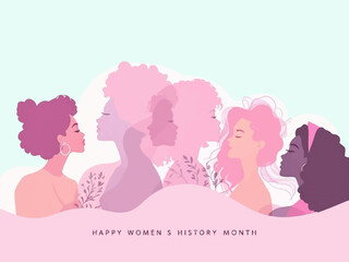 Women's History Month illustration with diverse women silhouettes in pink tones.