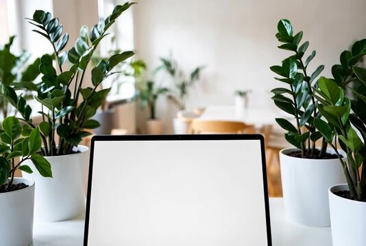 Modern workspace with laptop and plants for creative work in office ambiance, focusing on work