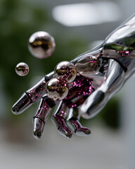 An artistic representation of a metallic hand reaching for floating bubbles, symbolizing dreams, exploration, and the delicate interplay between technology and emotion.