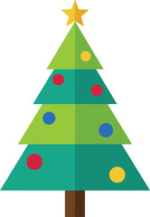 A modern flat-design Christmas tree illustration featuring geometric green layers with shadow effects, decorated with colorful round ornaments and topped with a yellow star.