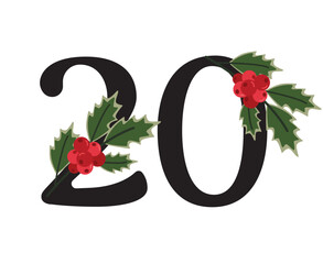 Christmas Number 20 with Holly Berries and Leaves Elegant Vector Illustration for Advent Calendars and Holiday Decor.