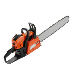 Fototapeta premium Modern Orange and Black Gasoline Chainsaw Professional Logging Tool Product Shot isolated on Transparent Background
