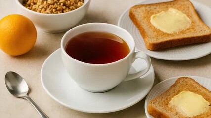 Close-up of a white cup of steaming black tea with buttered toast granola and an orange on a neutral table setting in soft natural light showcasing breakfast elements - Powered by Adobe