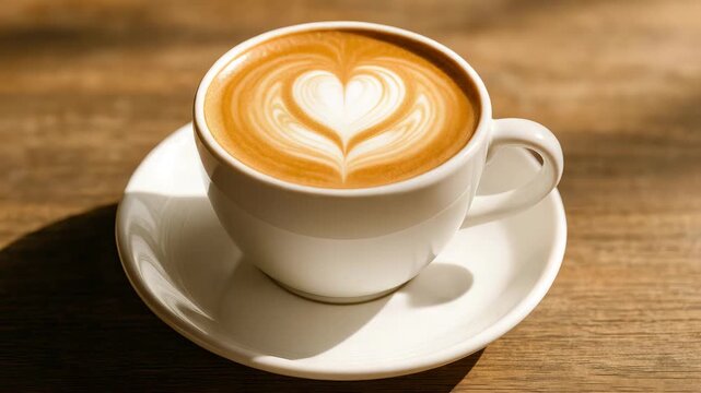Close-up of creamy cappuccino in white ceramic cup adorned with heart latte art resting on a rustic wooden table under warm natural light showcasing smooth surface textures and subtle reflections