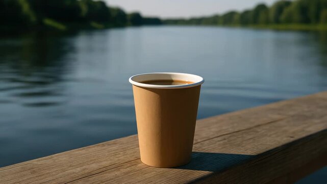 Close-up of a disposable coffee cup on a wooden railing by a tranquil river surrounded by lush greenery under soft natural light showcasing smooth water reflections and a serene outdoor atmosphere