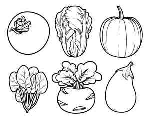 Tomato, Chinese cabbage, pumpkin, eggplant, spinach, and kohlrabi linear drawing for coloring page on white background