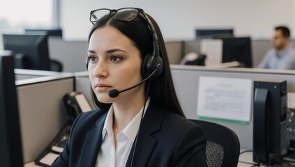 Call center businesswoman in headset glasses and customer service role