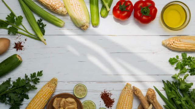 Vibrant arrangement of fresh vegetables including corn red bell peppers cucumbers cilantro and spices on a wooden surface with soft natural light casting gentle shadows.