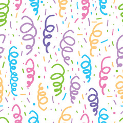 Colorful Party Streamers Seamless Pattern on White Background Fun and Festive Vector Design for Celebrations and Wrapping Paper.