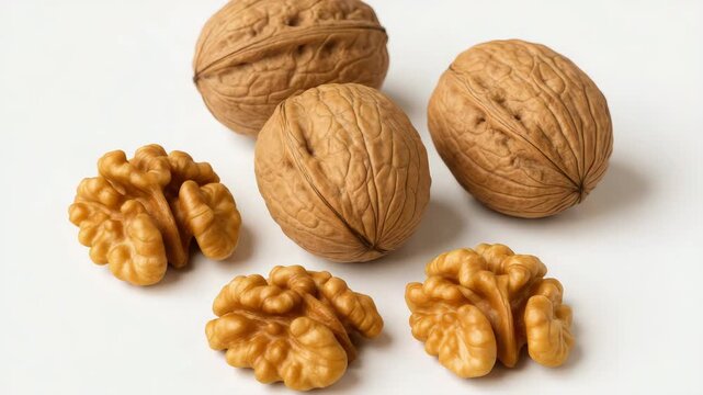 Close-up of whole walnuts and shelled walnut halves arranged on a white background showcasing varying sizes and textures in soft natural lighting with a focus on detail.