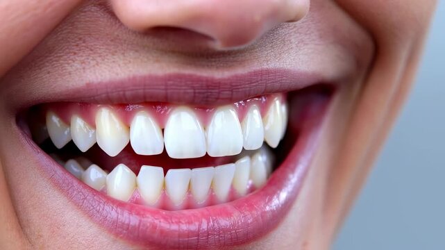 Close-up of a bright smile showcasing healthy, white teeth and pink lips
