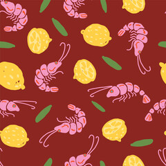 Shrimp and Lemon Seamless Pattern on Burgundy Background Hand Drawn Vector Design for Seafood, Summer and Kitchen Design.