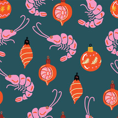 Christmas Shrimp and Ornament Seamless Pattern on Teal Background Fun Hand Drawn Vector Design for Holiday Seafood Themes.