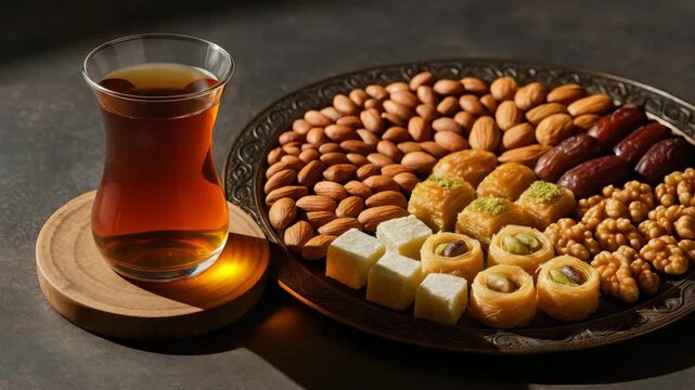 Close-up of an ornate platter featuring a variety of Middle Eastern sweets including baklava nuts and halva complemented by a glass of tea on a wooden surface illuminated by warm soft light