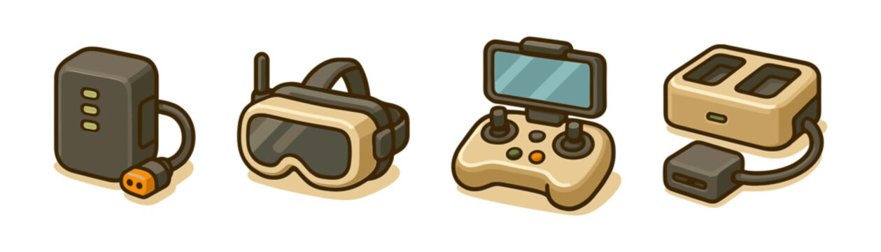 FPV and drone accessories cartoon icons set, batteries controllers goggles