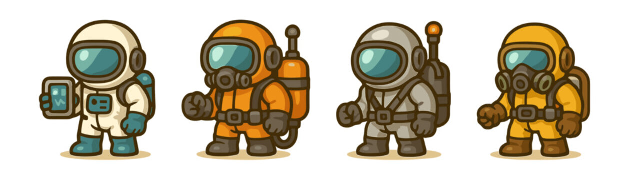 Hazmat and respirator suits cartoon icons set, safety technicians