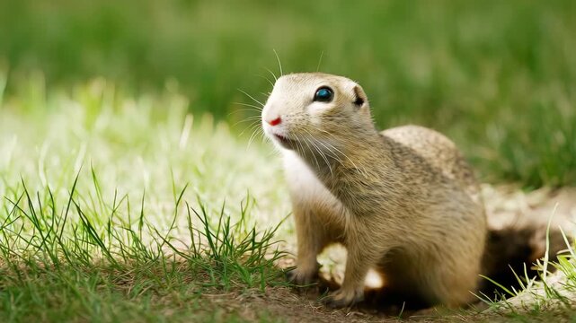 Close-up of a curious small ground squirrel gazing attentively while standing on grassy terrain under soft natural light with subtle shadows and vibrant green textures across the landscape