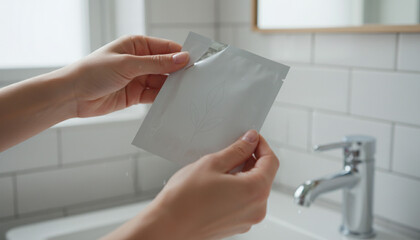 フェイスパックのパッケージを手に持つ日本人女性