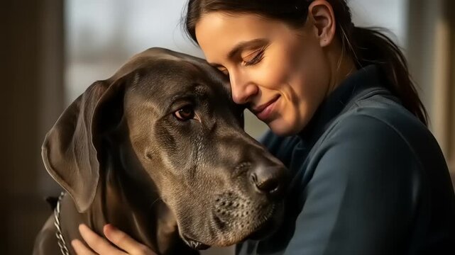 Woman Hugging Her Beloved Great Dane Dog Close Up Portrait.