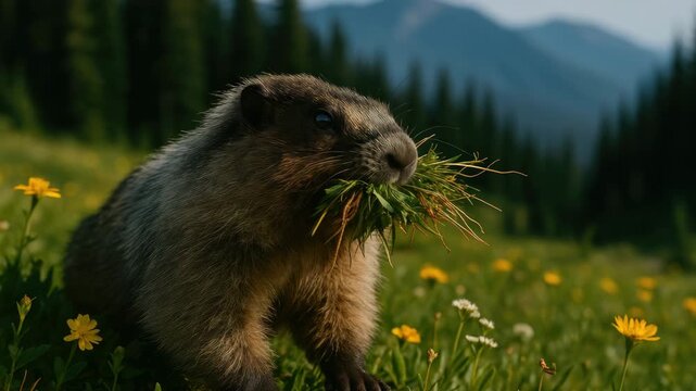 Close-up of a fluffy brown marmot foraging on a flower-filled meadow carrying grass with mountains in the background under soft natural light surrounded by greenery and vibrant wildflowers