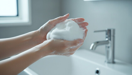 濃密な泡で洗顔の準備をする日本人女性の手