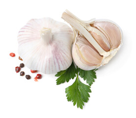 Fresh garlic, peppercorns and parsley isolated on white, top view