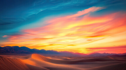 Obraz premium Desert Sunrise: A breathtaking vista of the desert unfolds beneath a vibrant sky ablaze with colors, heralding the dawn. The textures of sand and light intertwine. AI Generative