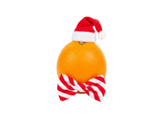 Whimsical Christmas Orange in Santa Hat and Bow Tie - Festive Holiday Fruit Character Isolated on White