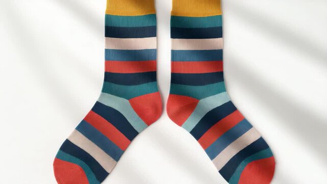 Colorful striped socks in three stages of presentation showcasing a close-up view against a light background with vibrant hues of red blue turquoise and yellow in soft diffused lighting