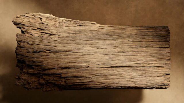 Close-up view of a textured piece of weathered wood gradually illuminated by soft lighting showcasing intricate details and organic patterns against a muted background