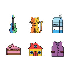 Collection of stylized cartoon icons representing common household and recreational items in flat