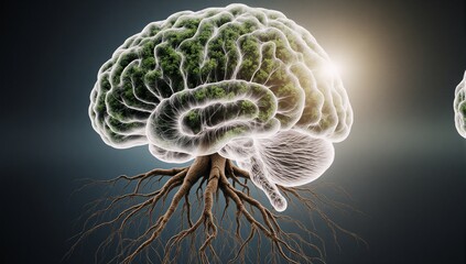 Obraz premium Illustration of a human brain fusing with a tree symbolizing growth and knowledge