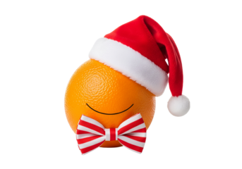 Festive Orange Character with Santa Hat and Bow Tie Isolated on White