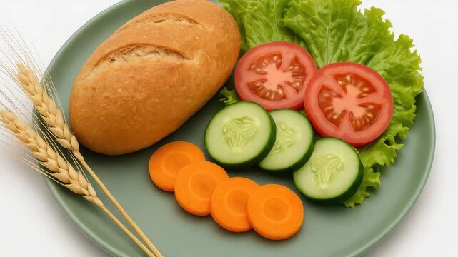 Plate of fresh vegetables including tomatoes cucumbers carrots and lettuce alongside a crusty bread roll displayed with soft lighting and natural textures on a green plate