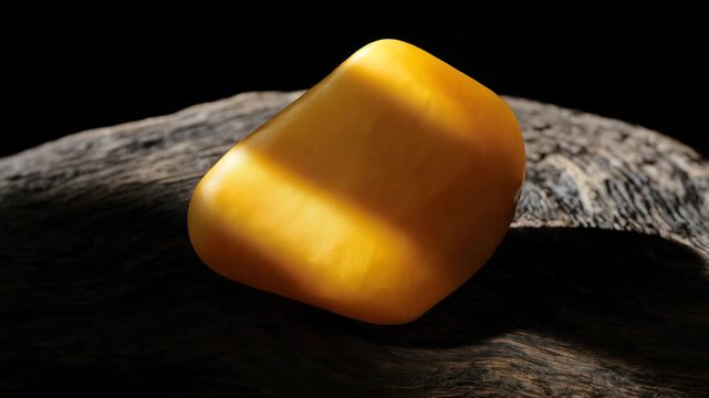 Bright yellow object with smooth texture resting on a dark wooden surface under soft lighting showcasing slight shadow variations and highlights throughout the viewing sequence