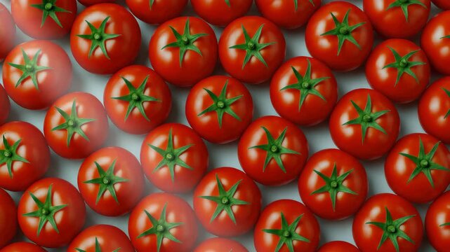Vibrant red tomatoes arranged in neat rows showcasing their lush green stems captured in top-down view with smooth lighting and even texture highlighting their freshness throughout the clip