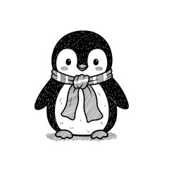 Cute penguin wearing a striped scarf in a sketchy style