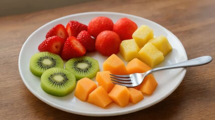 Close-up of a vibrant fruit plate featuring strawberries watermelon kiwi and melon cubes arranged in a circular pattern on a wooden table under soft natural light
