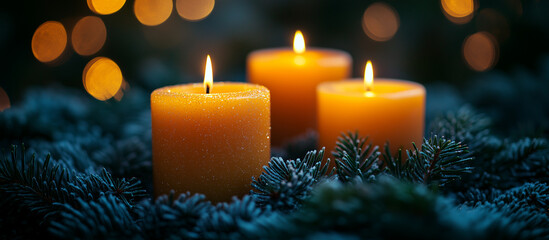 Three Christmas candles and spruce tree. Merry Christmas festive greeting card. Noel. Winter holiday celebration theme. Happy New Year. Advent.