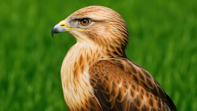 Close-up of a majestic hawk with detailed plumage and sharp features slowly turning its head while perched on lush green grass in soft natural light during daytime