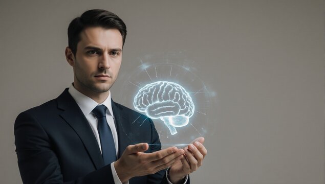 Businessman grasps a holographic AI brain