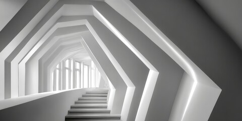 Obraz premium Futuristic Geometrical Hallway with Ascending Steps and Dynamic Lighting in Monochrome Aesthetic