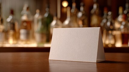 Blank Card at Bar: An inviting card stands solitary atop a polished bar, a subtle call for attention and opportunity amidst a backdrop of blurred bottles, poised for personal messages, advertisements.