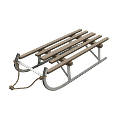 Realistic Traditional Wooden Sled and Metal Toboggan Product Shot with Rope isolated on Transparent Background