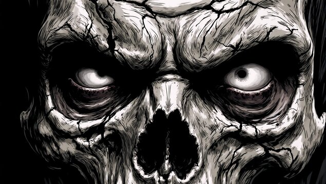 A detailed frightening black illustration of a zombie head with exposed brain and angry expression