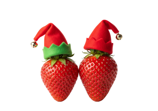 Cute Christmas Strawberries with Elf Hats on White Background