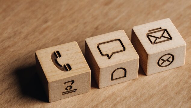 Customer service contact represented by a wooden block with phone email and chat icons