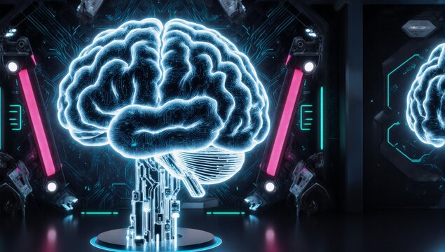 A futuristic game show logo features a robot-human brain fusion and neural network set against holographic patterns