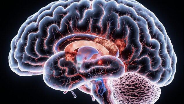 3D illustration of blood vessels in the human brain and cerebrovascular disease or hemorrhagic stroke causes