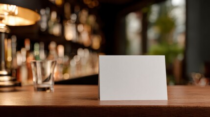 Blank Card on Bar: A blank white card sits on the glossy wooden bar top, its smooth surface ready to accommodate a message, against a backdrop of blurry shelves and ambient lighting
